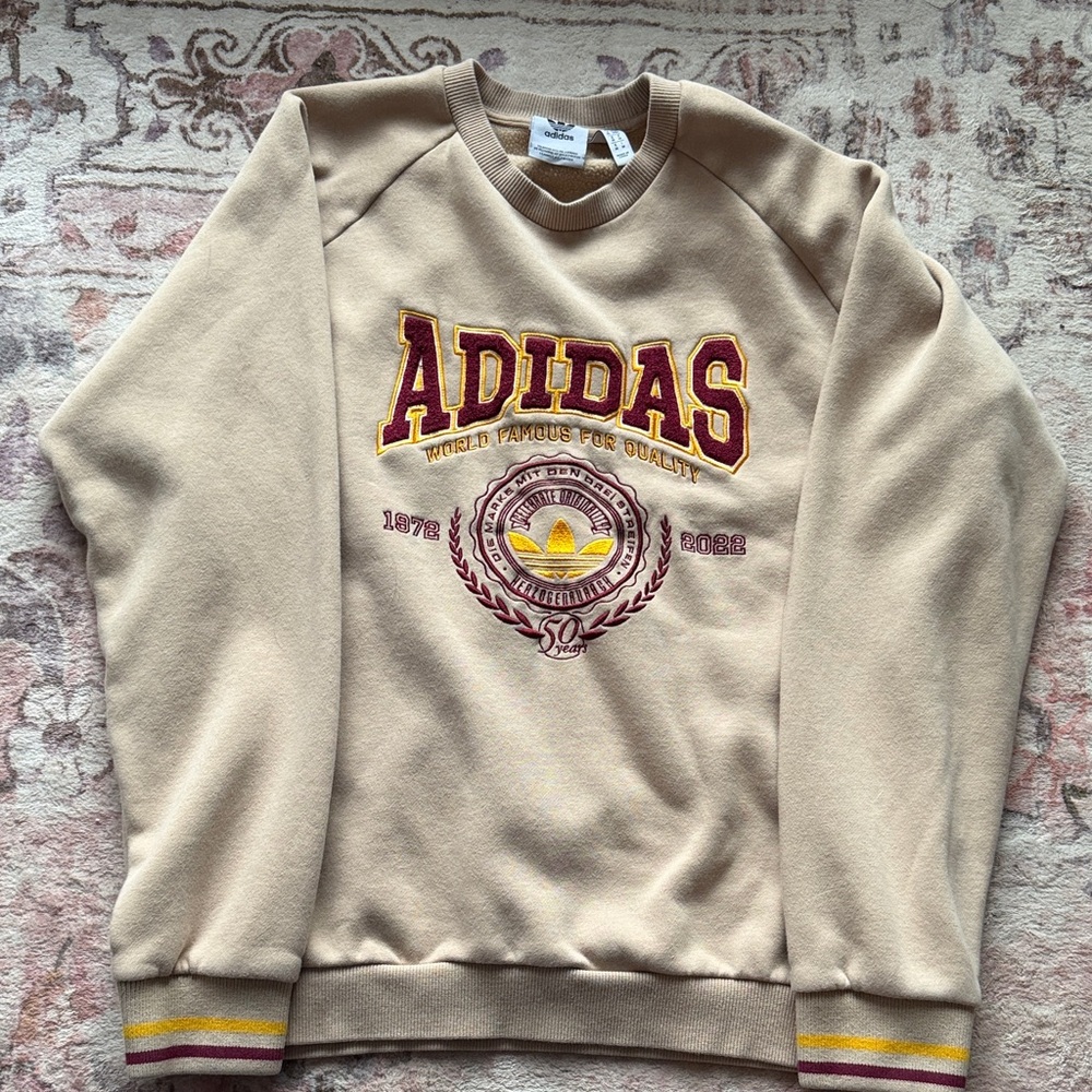 Adidas Cream Crewneck Sweater with Maroon Accents